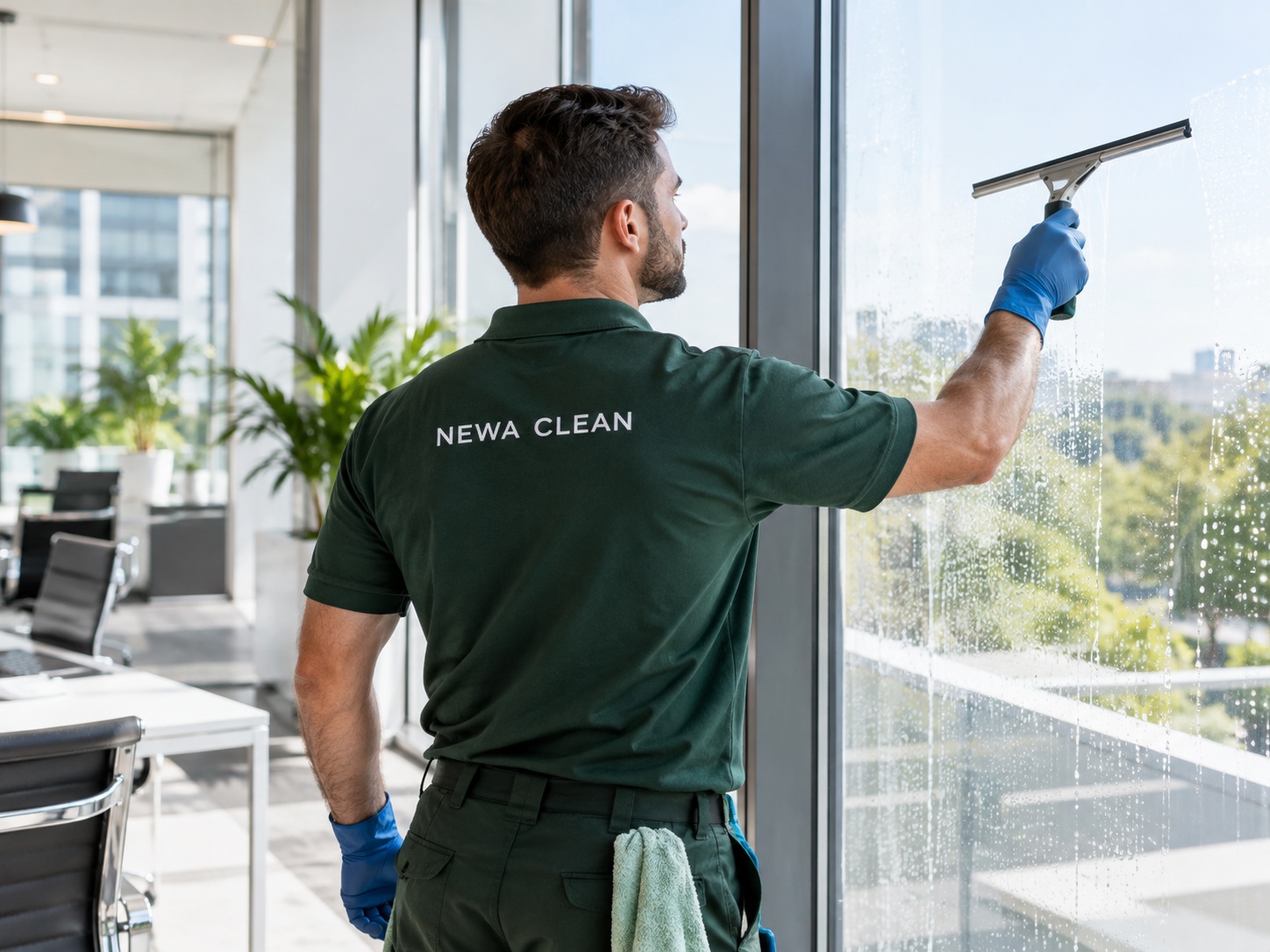 Symbolbild: Reinigungskraft bei der sorgfältigen Fensterreinigung